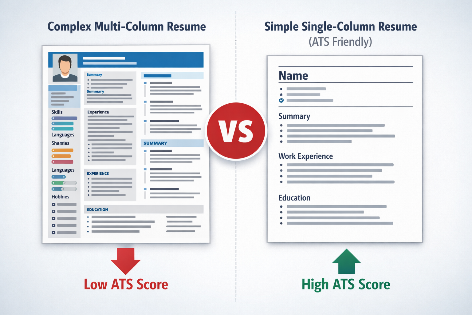 Complex resume layouts often score lower in ATS systems than simple single-column formats.