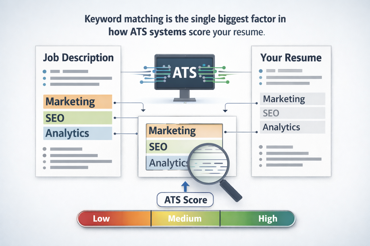 Diagram showing how ATS software extracts and scores keywords from a resume against a job description