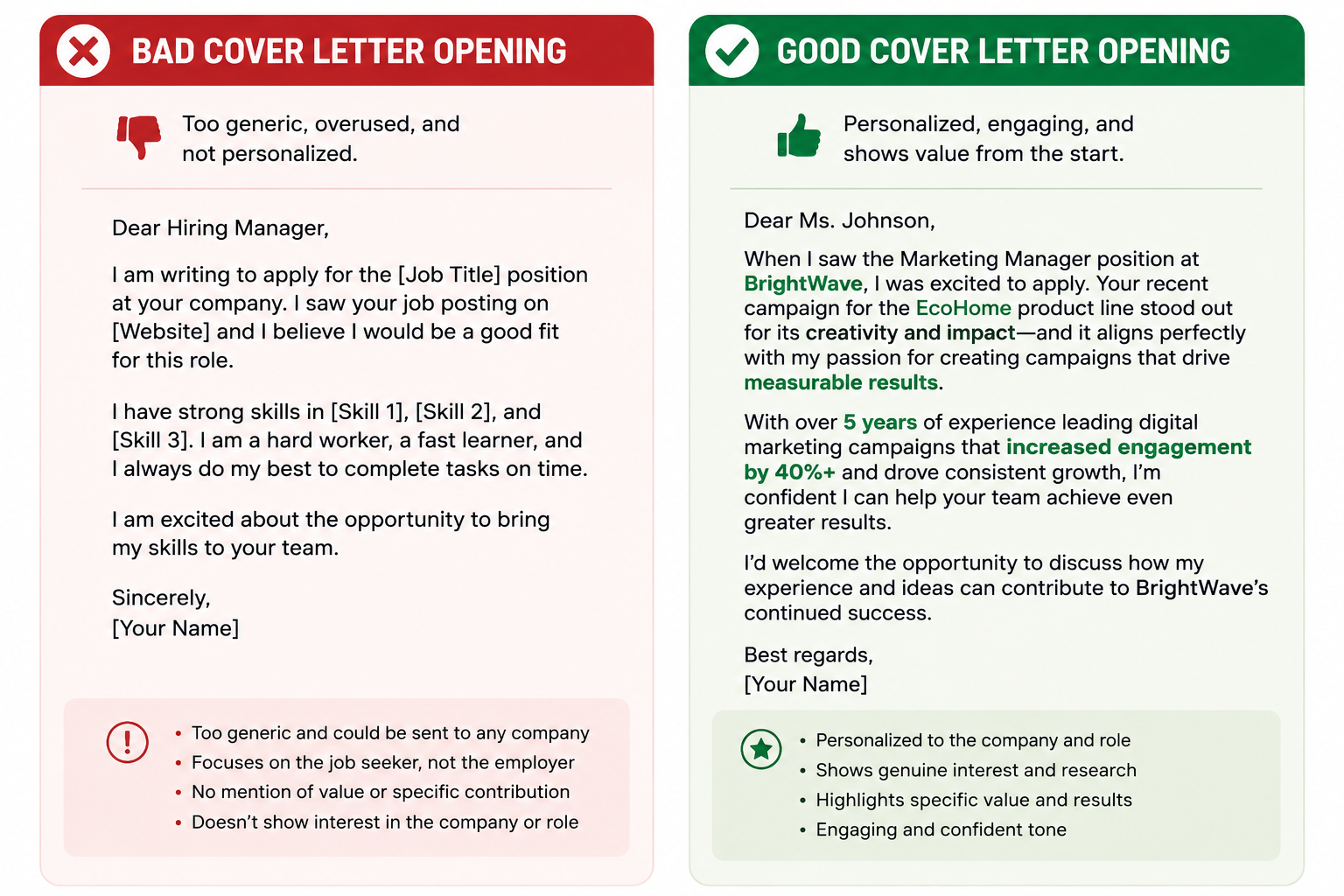 Side by side comparison of a generic cover letter opening versus a specific personalized opening