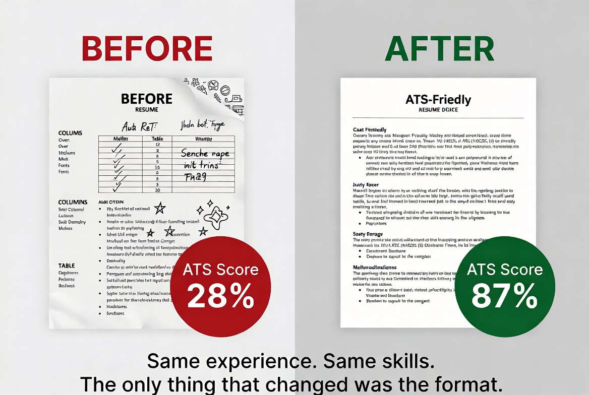 Before and after comparison showing a resume ATS score jumping from 28 to 87 after reformatting