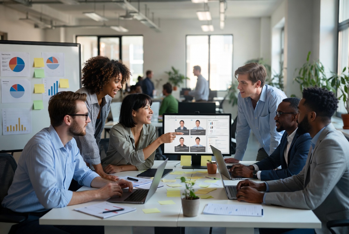 A small startup team collaborating in a modern office highlighting the impact each hire has