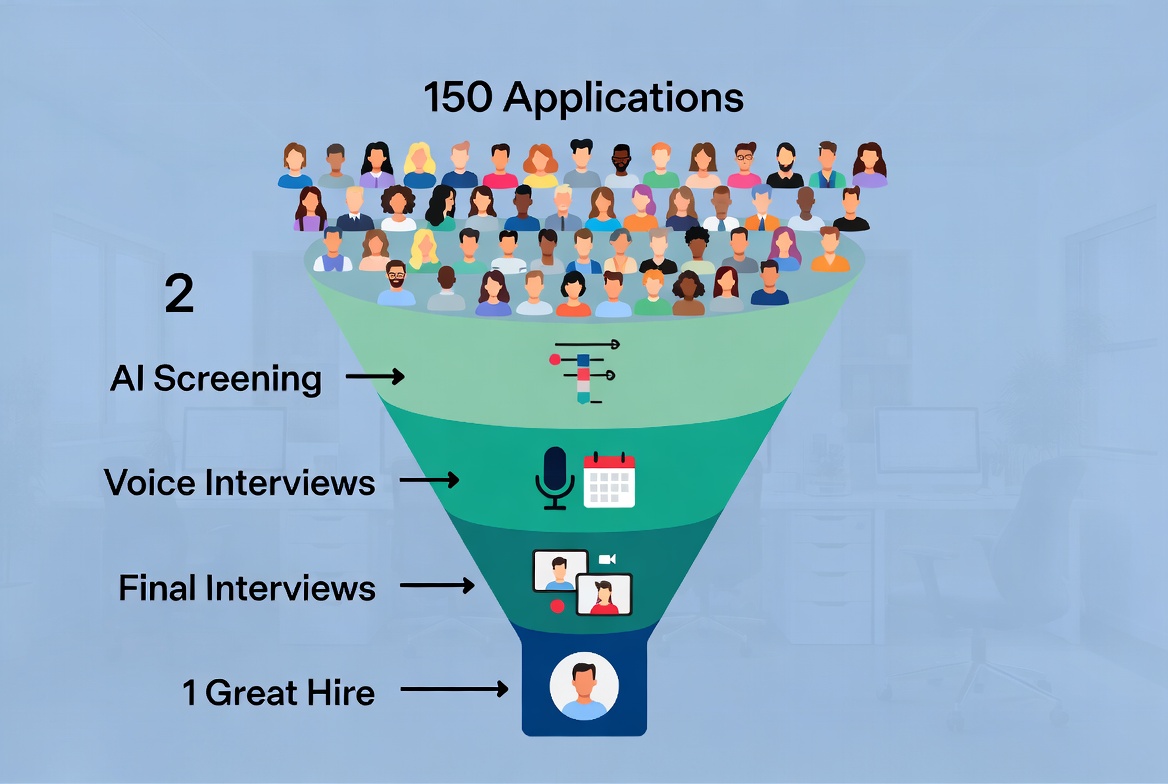 Hiring funnel showing 150 applications narrowing through AI screening, voice interviews, and final interviews to one hire