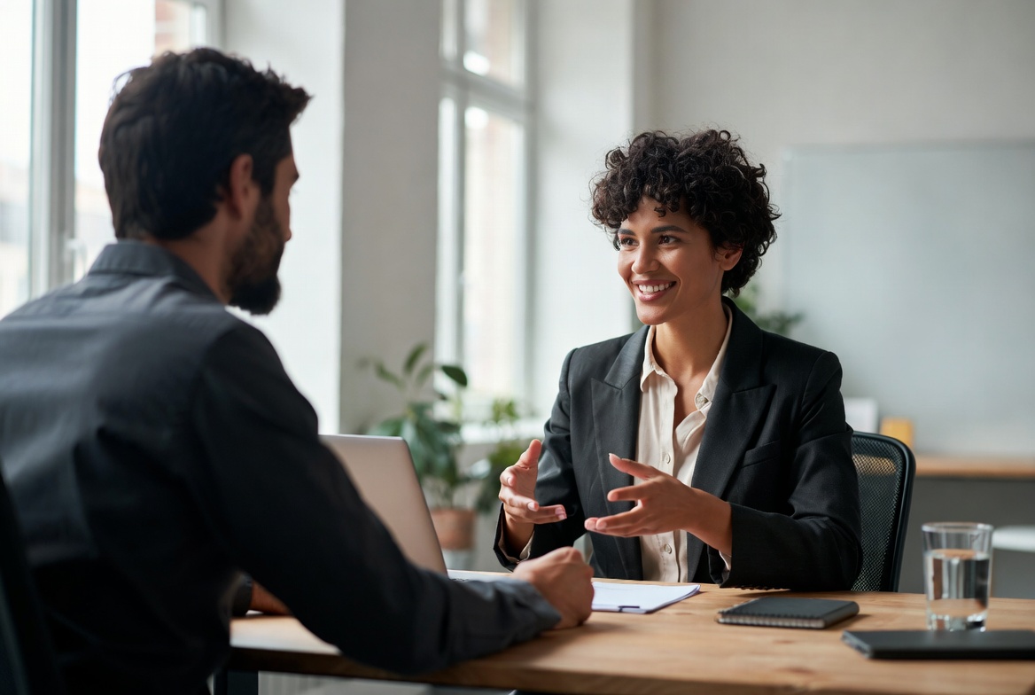 A confident candidate answering interview questions across the desk from a hiring manager