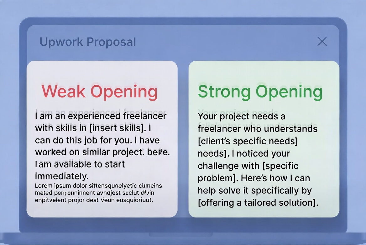 Side by side comparison of a generic Upwork proposal opening focused on the freelancer versus a specific opening focused on the client's problem