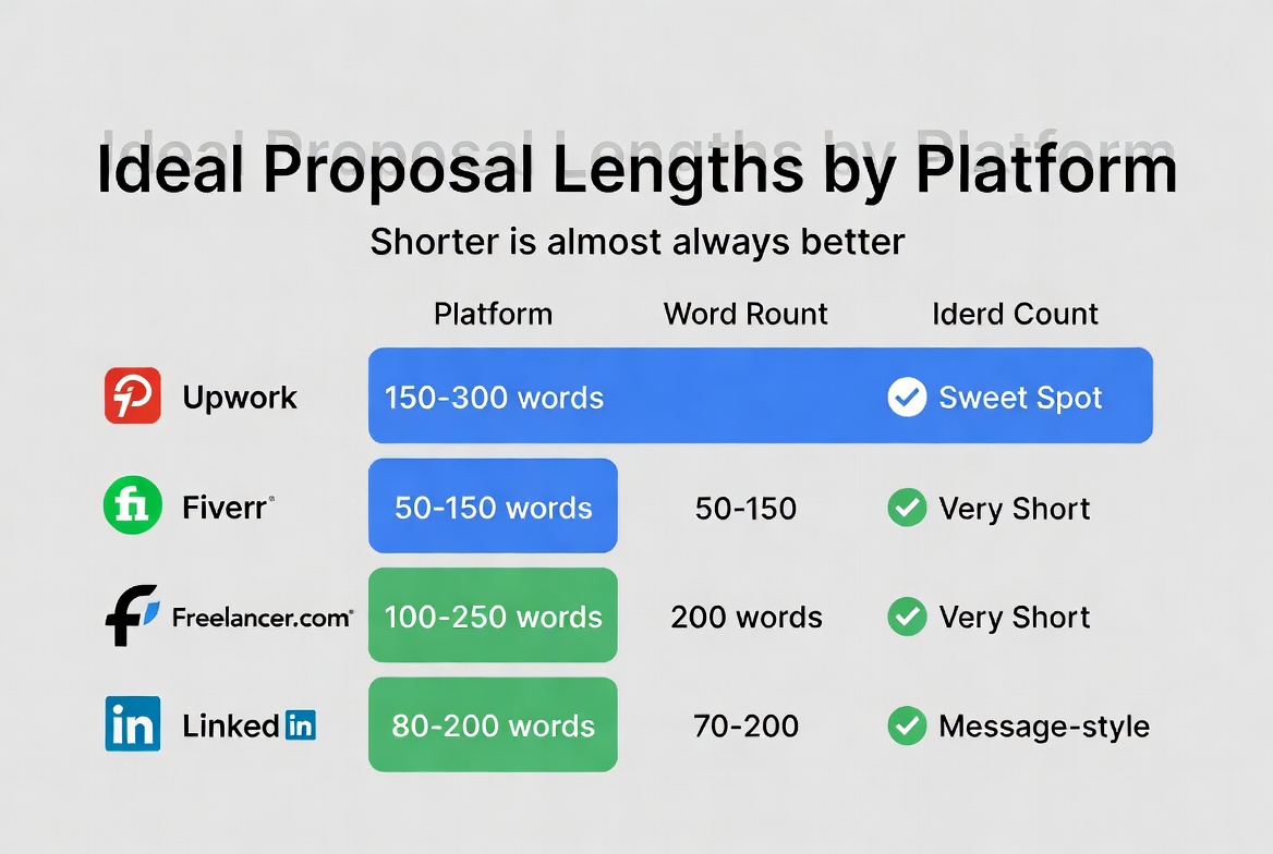 Comparison of ideal proposal lengths across Upwork, Fiverr, Freelancer.com, and LinkedIn