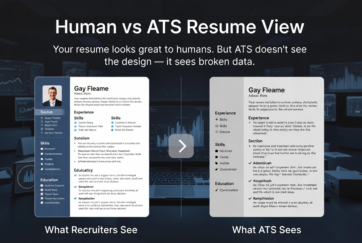 Side by side comparison showing a beautifully designed resume and the garbled text an ATS extracts from it
