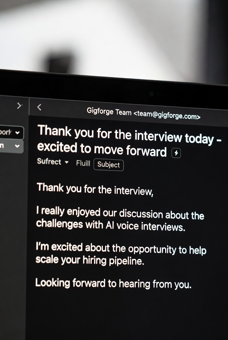 Example follow-up email after a job interview showing the 4-sentence structure with specific conversation references