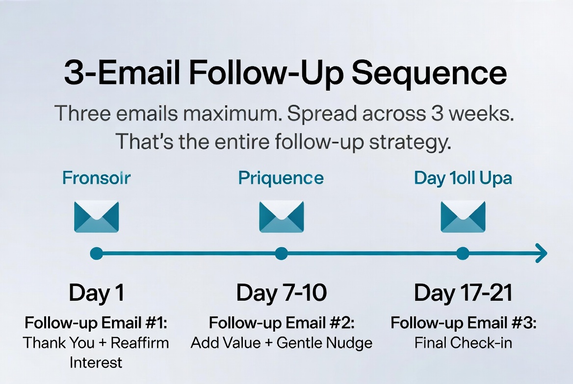 Visual timeline showing when to send each of the 3 follow-up emails after a job interview — day 1, day 7-10, and day 17-21