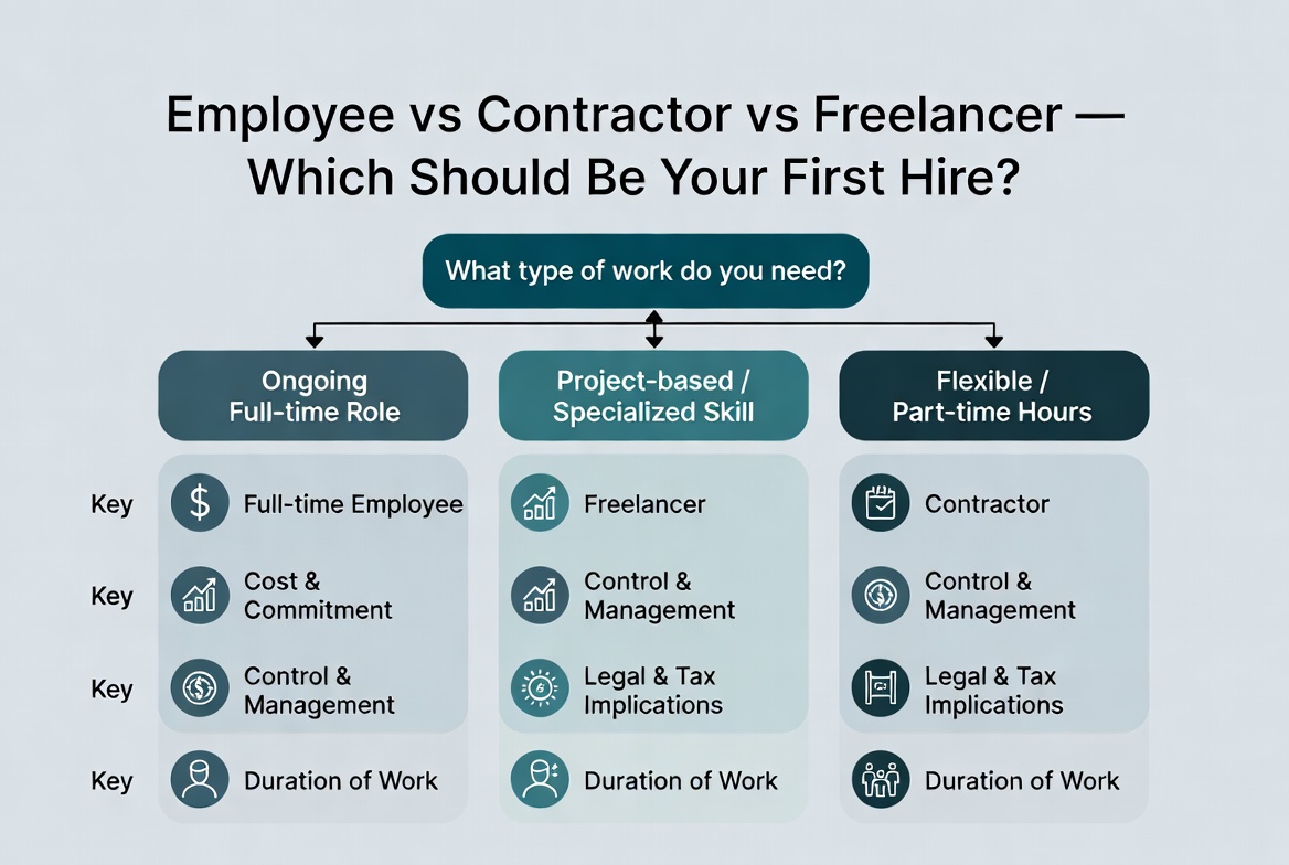Decision flowchart helping founders choose between hiring a full-time employee, contractor, or freelancer for their first hire