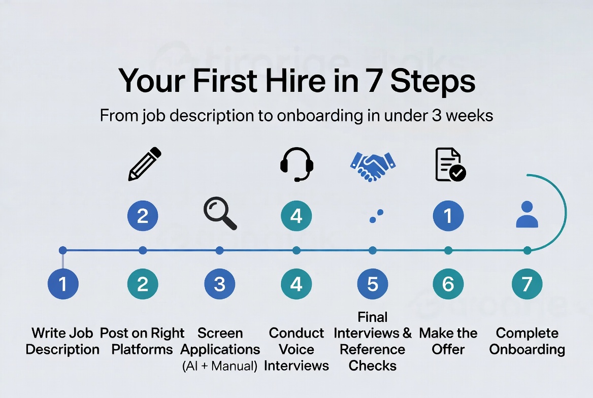 Step-by-step hiring timeline for first-time founders from writing the job description to completing onboarding