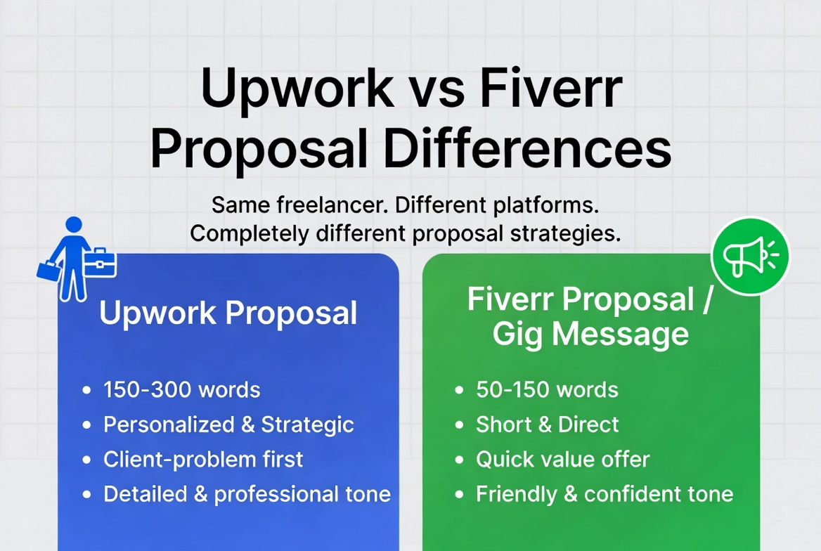 Side by side comparison of Upwork and Fiverr proposal styles showing the key differences in length, tone, and approach