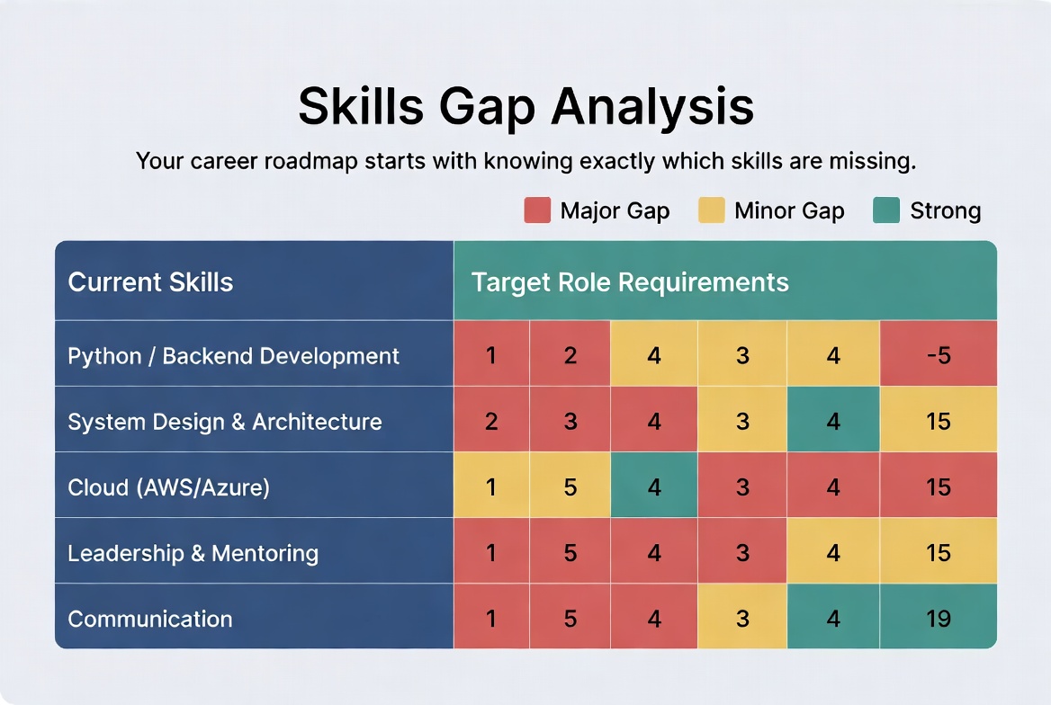 Skills gap analysis grid showing current skills rated against target role requirements with gaps highlighted