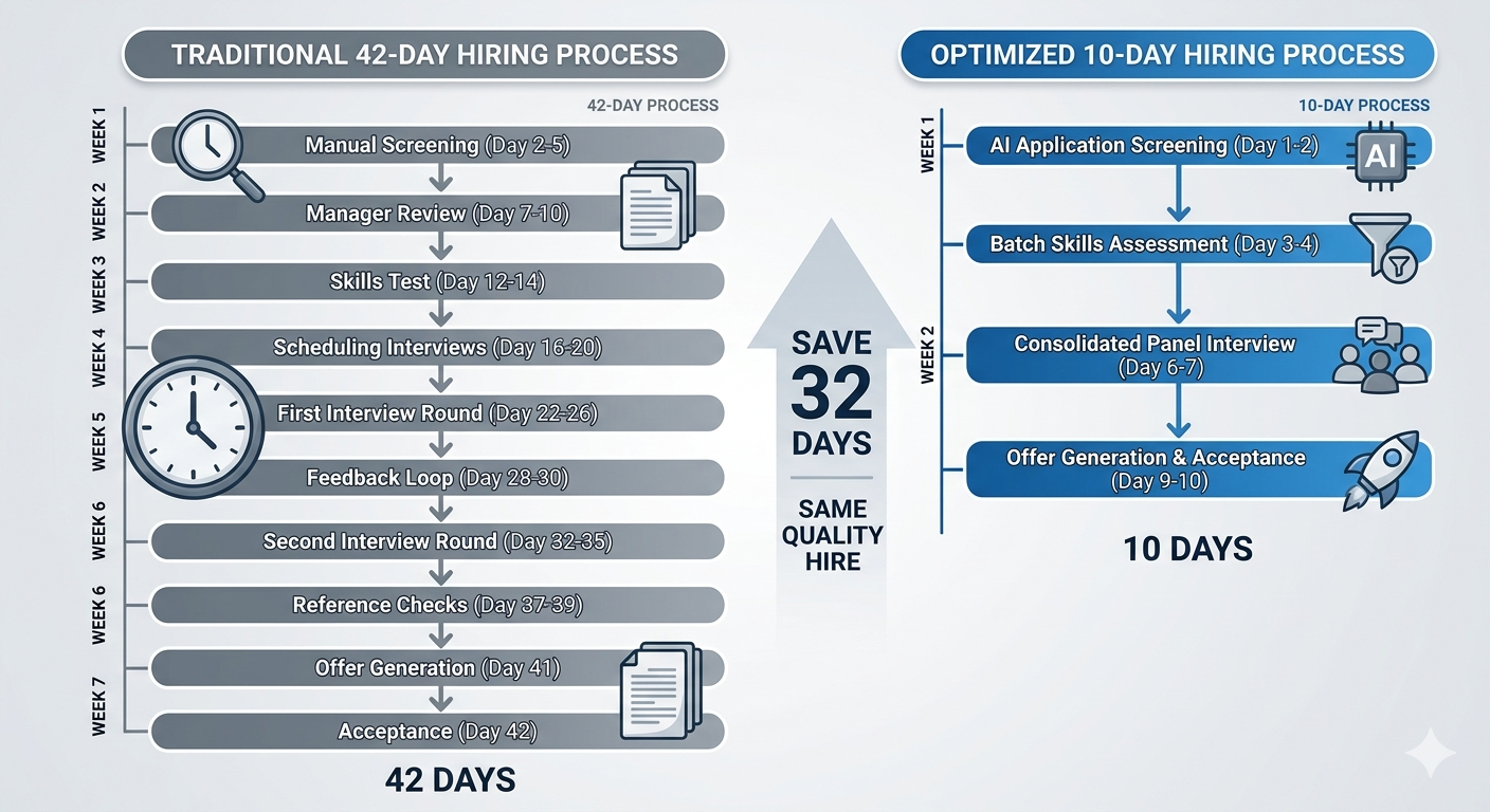 Side by side comparison showing a traditional 42-day hiring timeline versus an optimised 10-day timeline using batch processing and AI screening