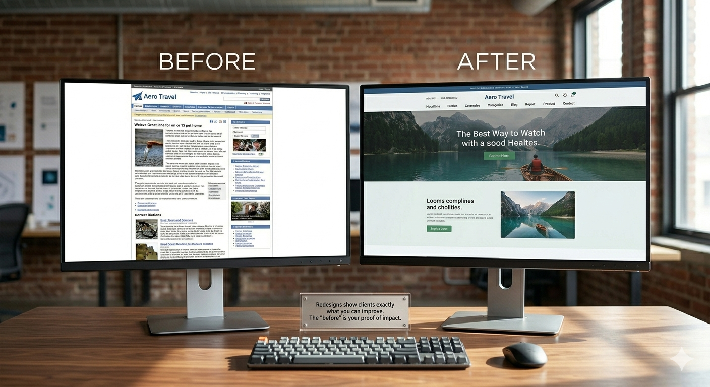 Before and after comparison of a website redesign showing improved layout, typography and user experience